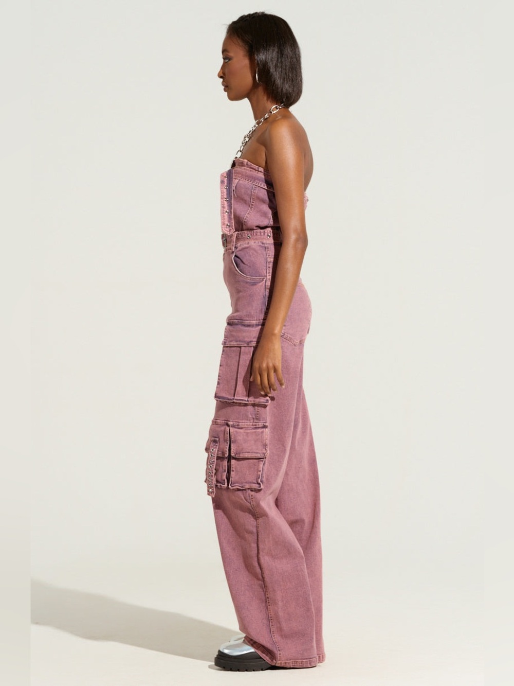 NWT $130 Akira Acid Washed Denim Jumpsuit Pink buckles streetwear cargo baggy - Picture 8 of 13